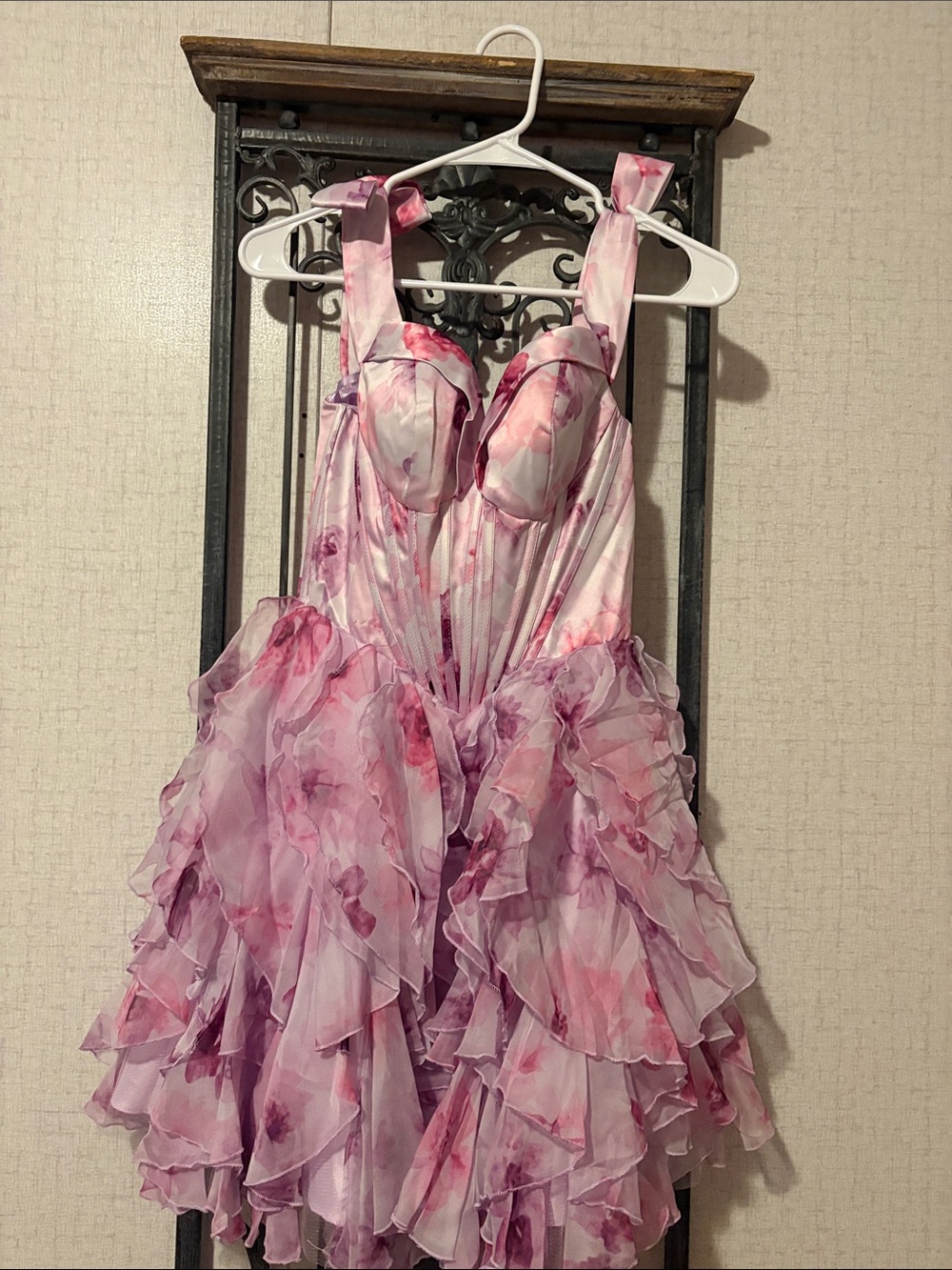 Floral Pink Ruffled Prom Dress with Structured Bodice